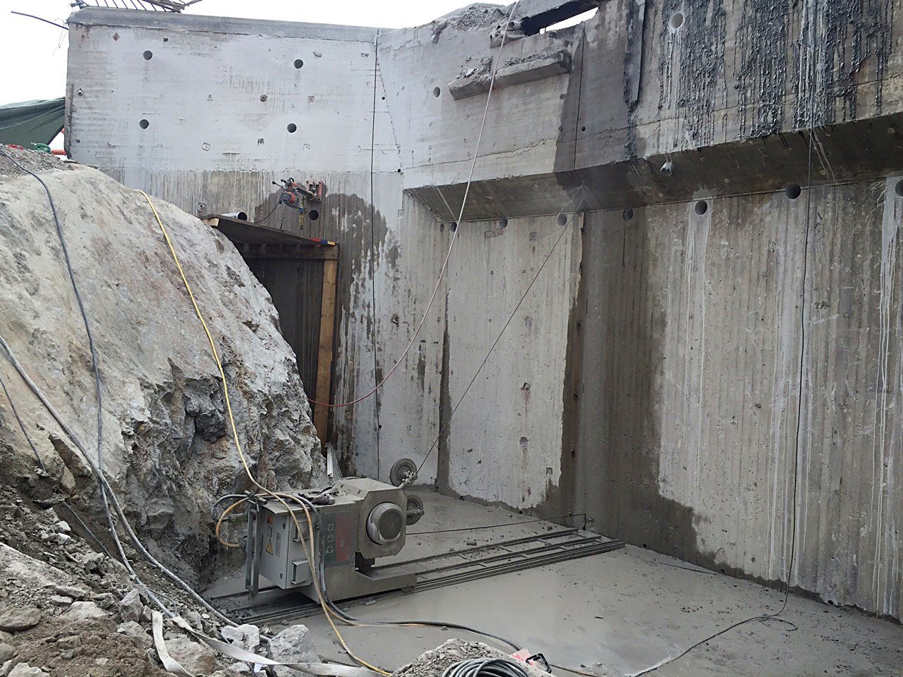 Diamond wire cutting a reinforced concrete bridge structure