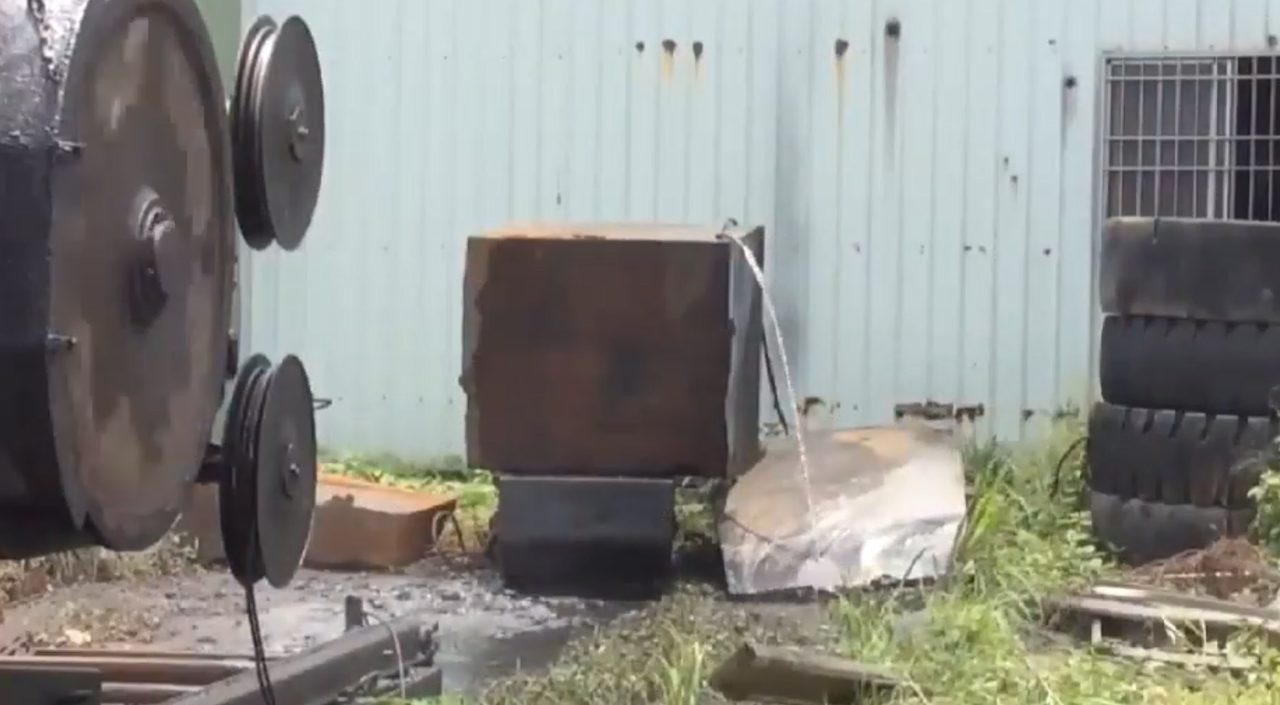 Diamond wire cutting a large steel block